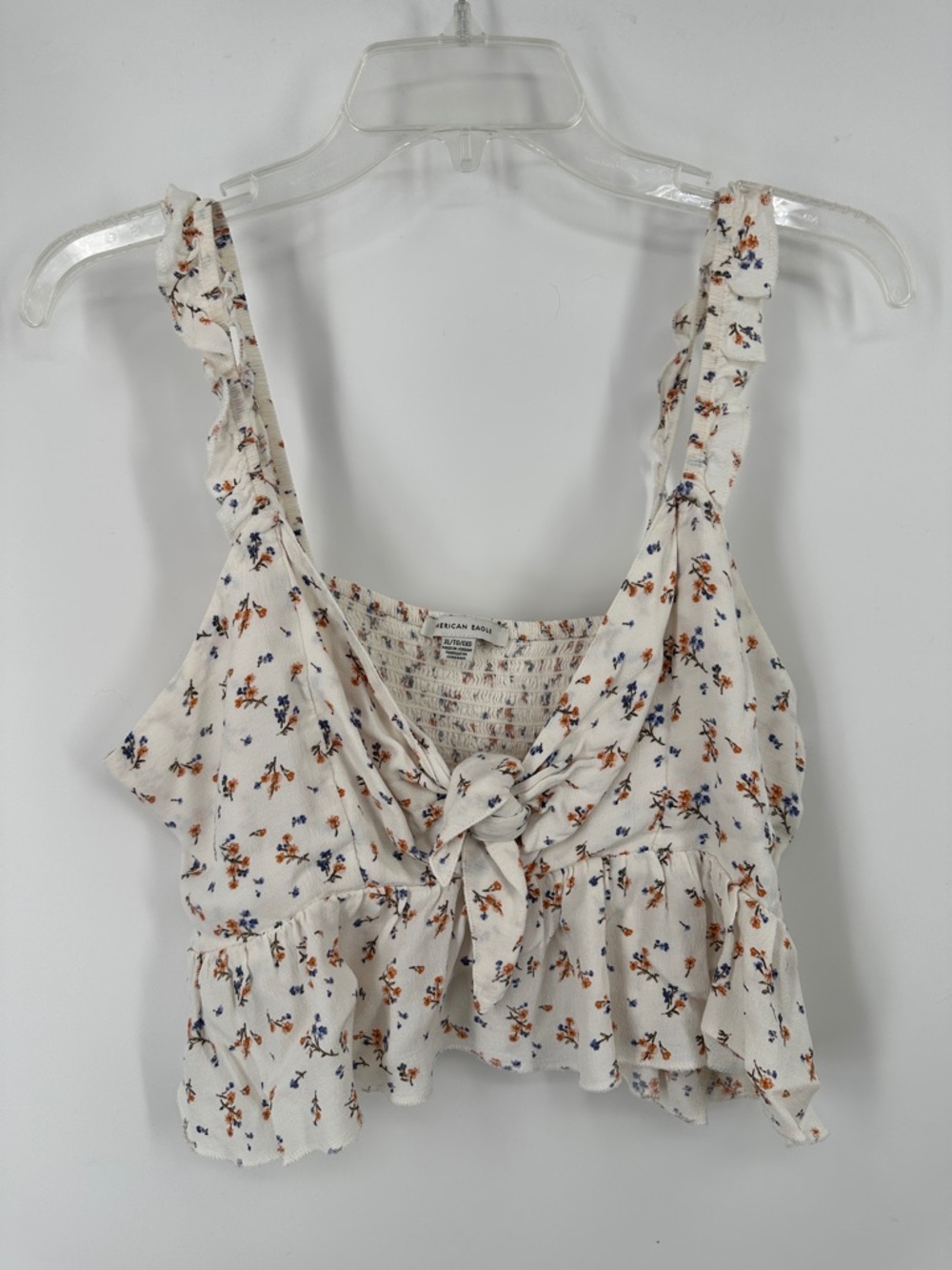 American Eagle Outfitters Cream Floral Tie-Front Crop Cami with Ruffle Straps
